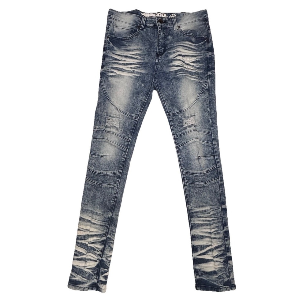 Mecca Jeans 32x30‎ Blue Biker Moto Distressed Acid Wash Denim Stretch Fit
